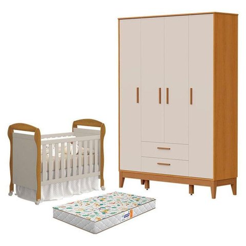 Kit Quarto de Bebê Flip 4 Portas 2 Gavetas Amadeirado Reller Móveis Berço Americano Danny