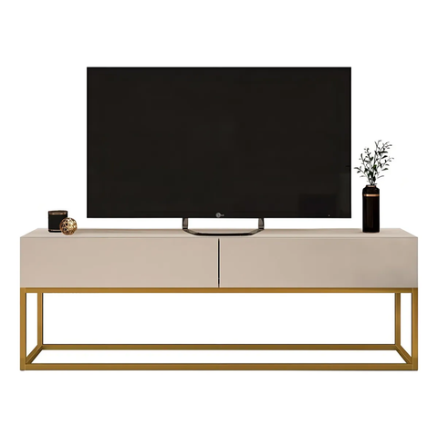 Rack Eros 140cm com Base Metálica Industrial Minimalista com Gavetas:off White/dourado