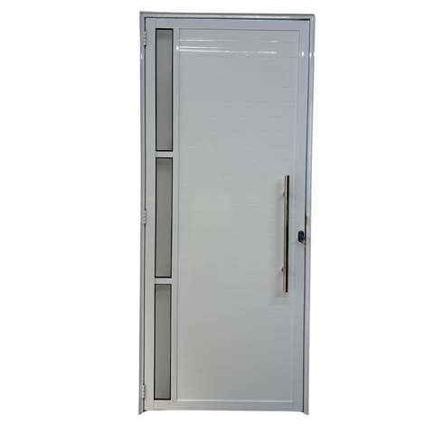 Porta de Aluminio Lambril Branco com Puxador e Vidro Linha 25 - 210x100 Direita