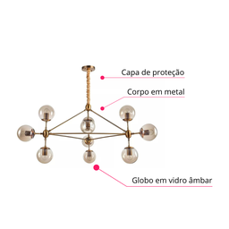 Lustre Pendente Jabuticaba Dourado Bola Molecular Âmbar Moderno Sala Quarto Salão Inl80 - 6