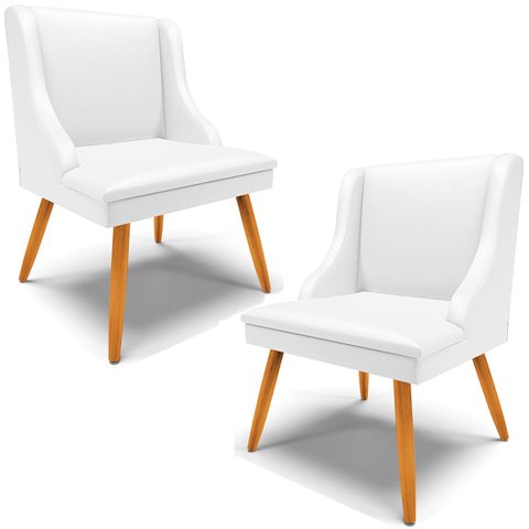 Kit 2 Cadeiras Decorativas Sala de Jantar Pés Palito de Madeira Firenze PU Branco Fosco/Natural G19 