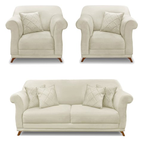 Kit 2 Poltronas e Sofá Living 2 Lugares 1,60m Vênus Veludo Pés Castanho - Pallazio - Bege