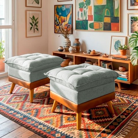 Puff Banqueta Almofadado Kit 2 Londres Apoio para Pés Corino e Linho Cinza Base de Madeira - Arkell