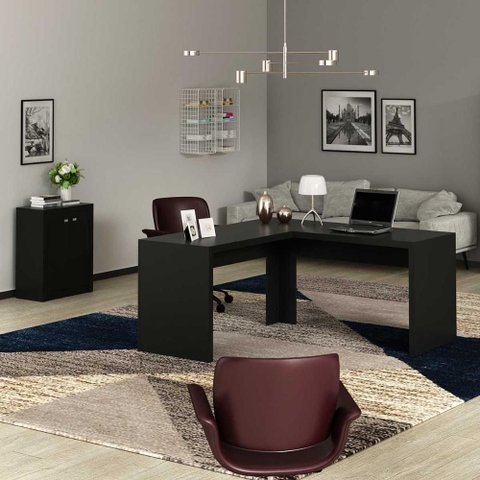 Kit para Escritório com Mesa em L e Balcão 2 Portas MDP Preto Tecno Mobili