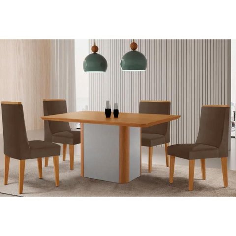 Sala Jantar Mesa Pietá Tampo Curvo 120cm+4 Cadeiras Dakota Madeira Naturale/off White - Capuccino/