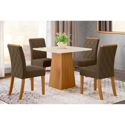 Conjunto: Mesa Sala Jantar Dora c/ Tampo Madeirado 90cm + 4 Cadeiras Vita Nature/Veludo Light Bege