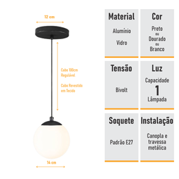 Pendente Globo Esfera de Vidro Branco Fosco 20cm - Preto - 6