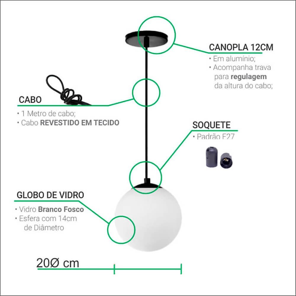 Pendente Globo Esfera de Vidro Branco Fosco 20cm - Preto - 2