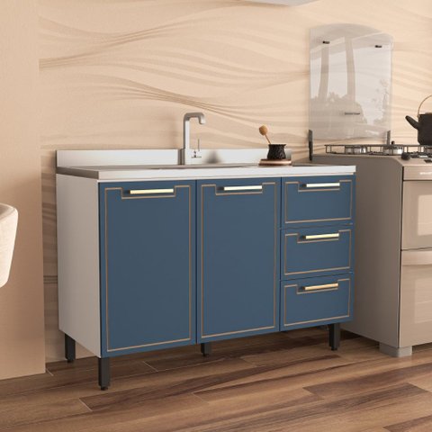 Balcão para Pia 120cm 2 Portas 3 Gavetas Amara Branco Azul Politorno Móveis