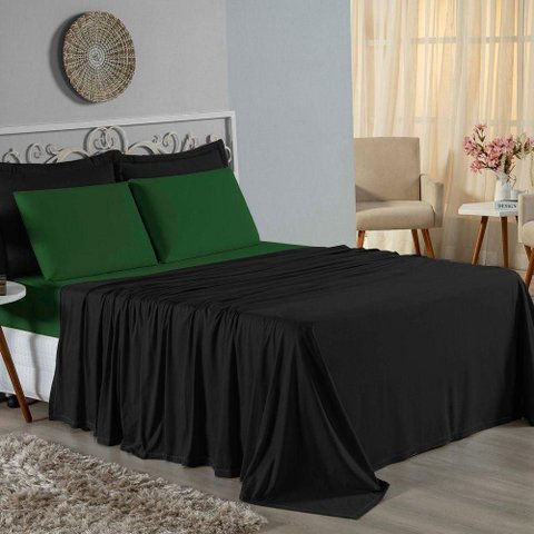 Jogo de Cama Casal Viúva Nobre 4 Peças Malha 100% Algodão - Preto / Verde-bandeira