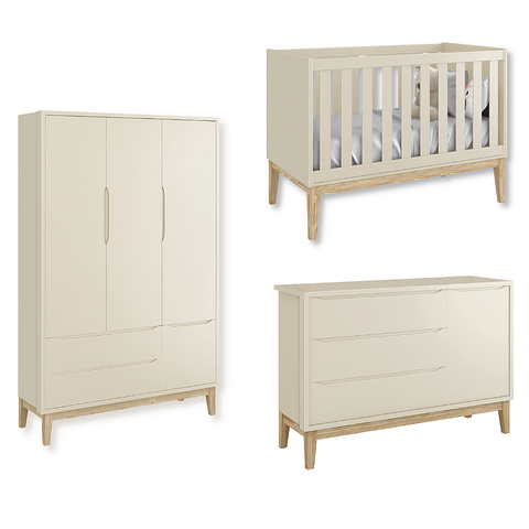 Quarto de Bebê Berço + Cômoda Sapateira + Guarda Roupa 3 Portas Areia Classic Madeira Natural