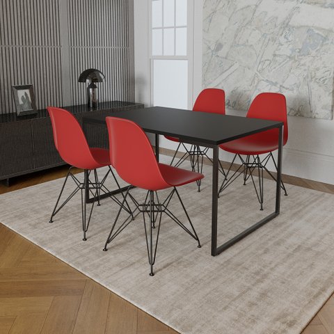 Mesa Industrial Base Ferro Preto 137x90 Tampo Preto 4 Cadeiras Eiffel Ferro Preto Assento Vermelho
