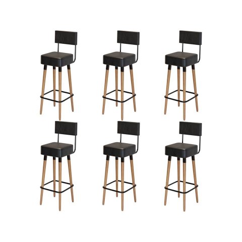 Kit 6 Banquetas Banco Alto Barcelona Couro Preto Bar Cozinha Pés Madeira Ms Decor