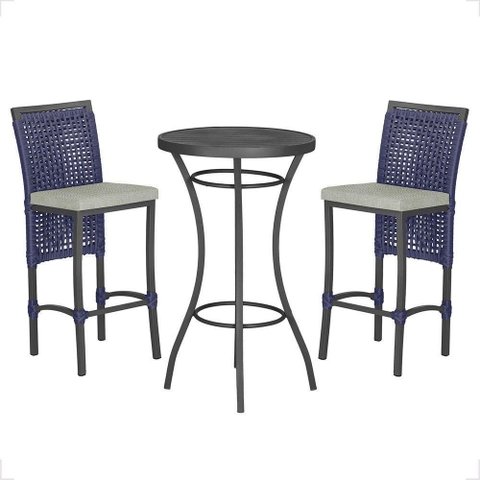 Mesa Bistrô com 2 Banquetas Roma Preta Corda Náutica 3 Trama Azul