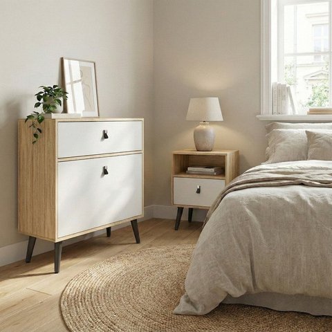 Conjunto Cômoda Sapateira com Mesa de Cabeceira Branco/Amêndoa/Off White