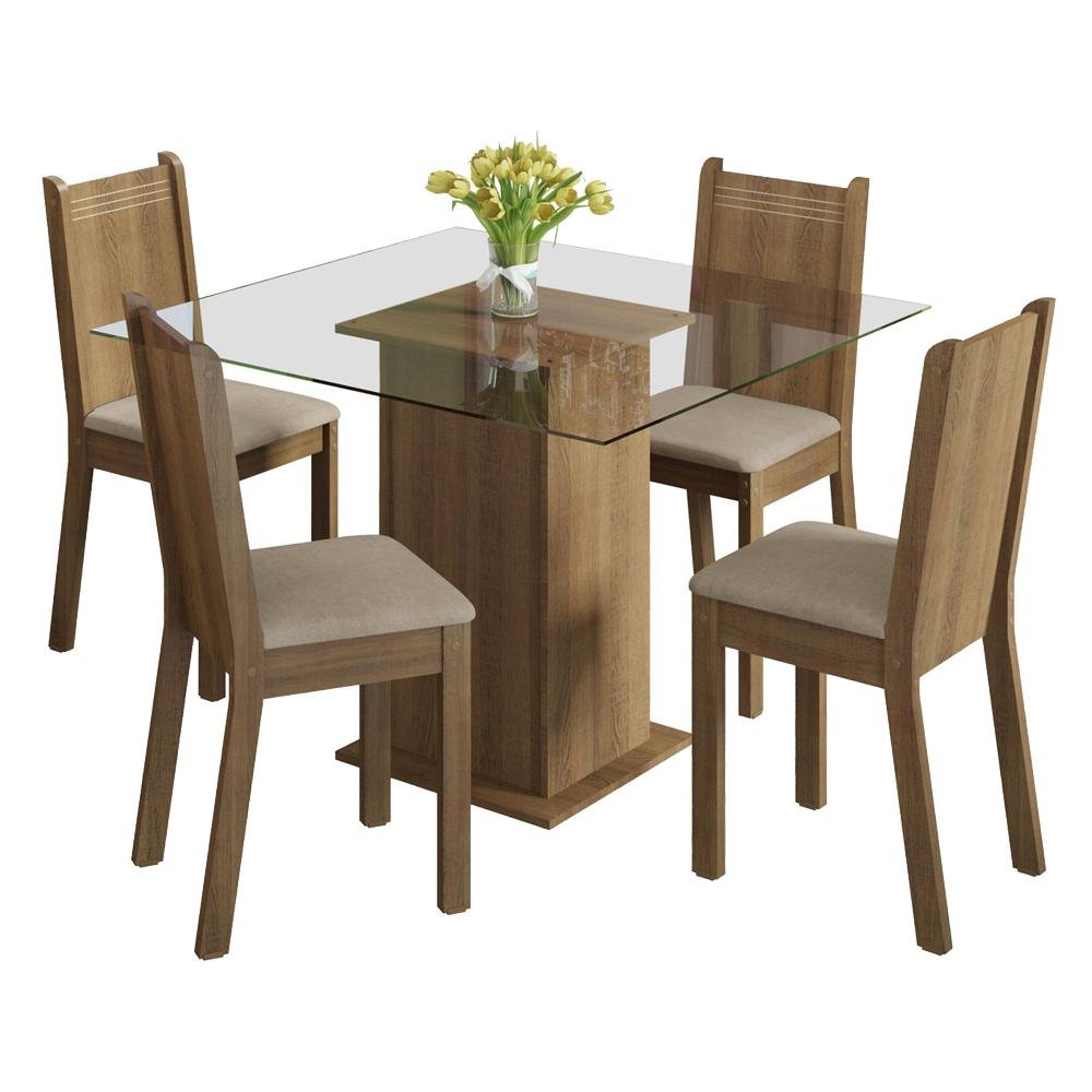 Conjunto Sala de Jantar Madesa Magda Mesa Tampo de Vidro com 4 Cadeiras - Rustic/sintético Bege - 9