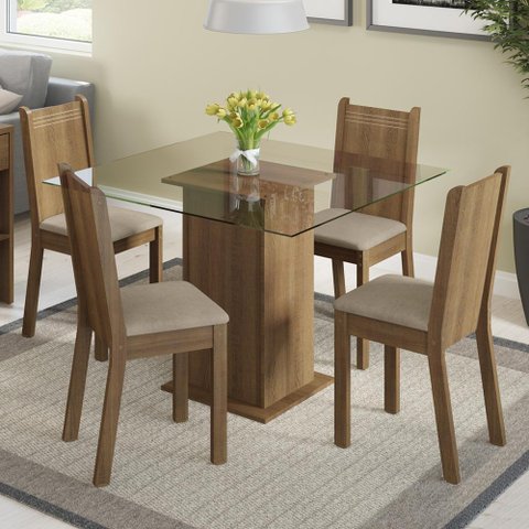Conjunto Sala de Jantar Madesa Magda Mesa Tampo de Vidro com 4 Cadeiras - Rustic/sintético Bege