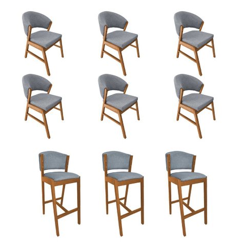 Kit 6 Cadeiras de Jantar Debora Madeira Maciça com 3 Banquetas Ana Cerejeira Premium Linho Cinza