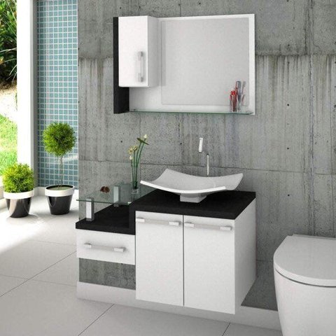 Conjunto para Banheiro Gabinete com Cuba F44 e Espelheira Legno 830W Branco/Preto Ônix