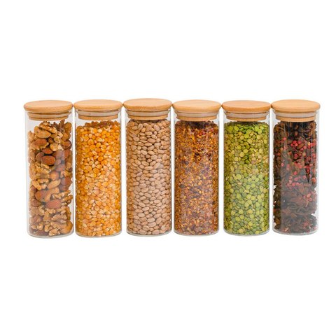 Kit 6 Potes de Vidro 450ml com Tampa de Bambu Herméticos Redondos - Tüd