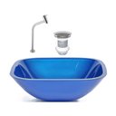 Ver imagem 1 de CUBA DE VIDRO QUADRADA 35CM AZUL ESCURO + VALVULA + TORNEIRA METAL