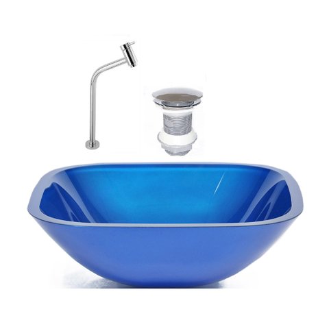 CUBA DE VIDRO QUADRADA 35CM AZUL ESCURO + VALVULA + TORNEIRA METAL