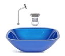 Ver imagem 1 de CUBA DE VIDRO QUADRADA 35CM AZUL ESCURO + VALVULA + TORNEIRA METAL