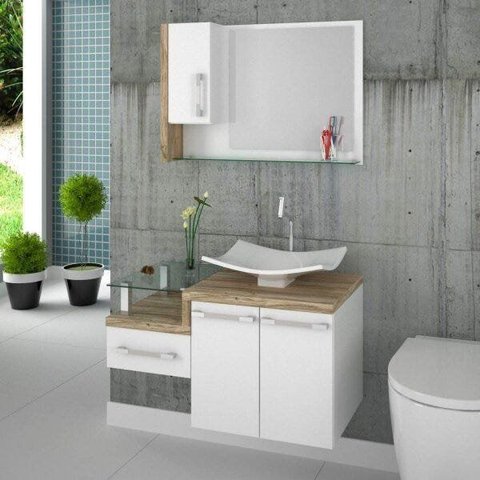 Conjunto para Banheiro Gabinete com Cuba F44 e Espelheira Legno 830W Branco/Carvalho