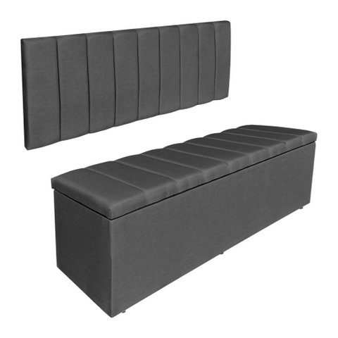 Kit Cabeceira Painel e Calçadeira Baú Casal 1,40m Londres Veludo Cinza Dal Poz Estofados