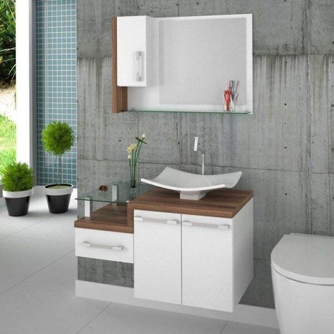 Conjunto para Banheiro Gabinete com Cuba F44 e Espelheira Legno 830W Branco/Nogal