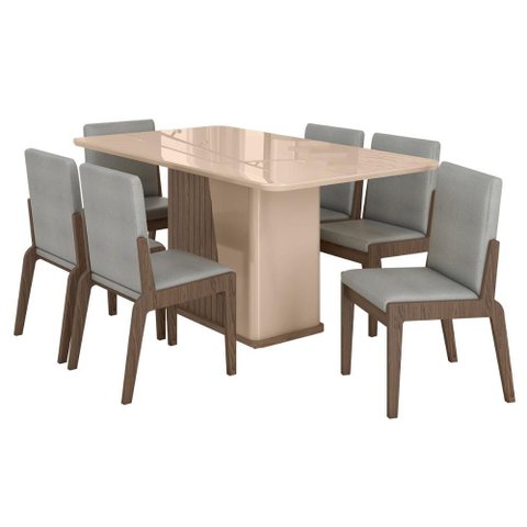 Kit Mesa de Jantar Harmonia com 6 Cadeiras Sinfonia em Linho Carvalho/fendi/cinza