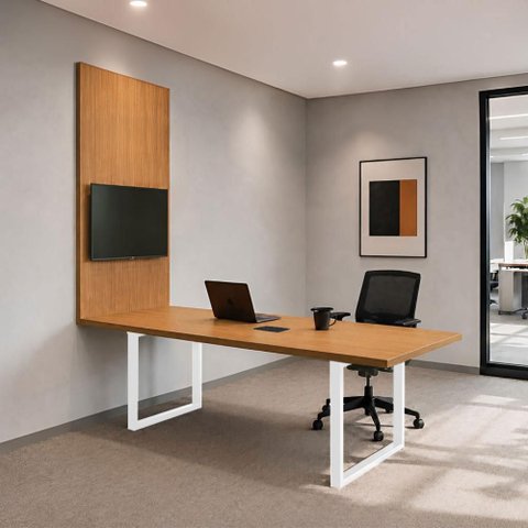 Mesa Reunião Industrial 200cm 100% MDF com Caixa de Tomadas e Painel TV F5 Office Cor:Freijó com