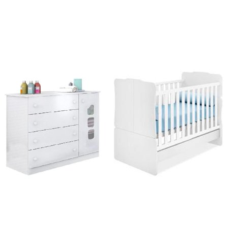 Cômoda Sapateira 4 Gavetas Aquarela Mdf+ Berço Mini Cama Ana com Rodízios
