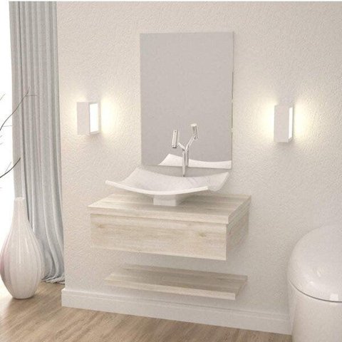 Conjunto para Banheiro Gabinete com Cuba F44 e Prateleira 605W Metrópole Branco/Snow