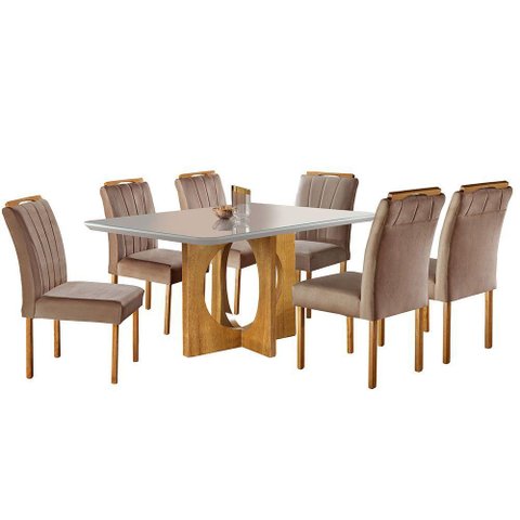 Mesa de Jantar 6 Lugares Cadeiras Juliana em Suede Bege Móveis Mix Mel/off-white/bege