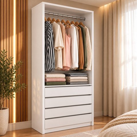 Armário Closet Modular 4 Gavetas Prateleira e Arara Cabideiro Zoe Branco