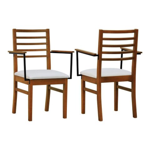 Kit 2 Cadeiras Tiê Madeira Maciça Encosto Ripado C-braço Metal - Amêndoa Assento Estofado Corano