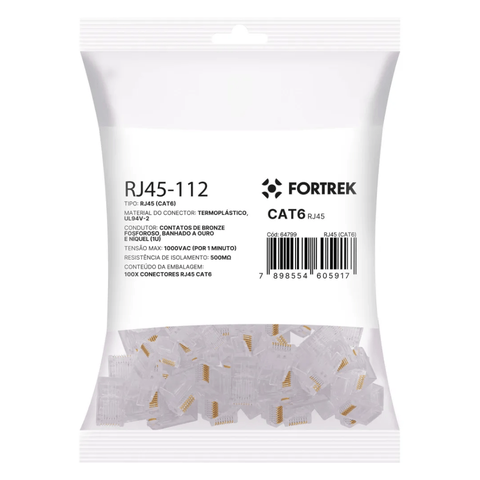 Pacote 100x Unidades Conector Macho Cat6 Rj45-112 Fortrek
