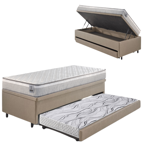 Bicama Box Baú Solteiro Courino Linho Bege 88x188 com Colchão Hanover Molas Ensacadas Inducol