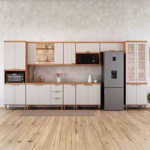 Cozinha Modulada 9 Peças 1 Cristaleira 3 Balcões 4 Armários Aéreo 1 Torre Elena Cinamomo/Offwhite