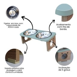 Comedouro Elevado Duplo Pet Gato Mdf Colors - Inox - Verde - 4