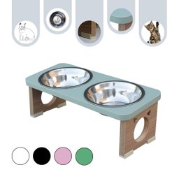 Comedouro Elevado Duplo Pet Gato Mdf Colors - Inox - Verde - 1