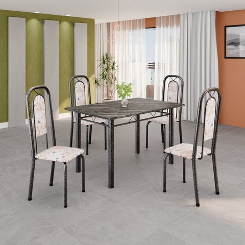 Conjunto de Mesa Tubular 120cm x 75cm Tampo Ardósia Indiano com 4 Cadeiras Lara Prata/Botanic Bege/Mart