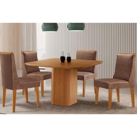 Conjunto: Mesa de Cozinha Maldivas Tampo Curvo 90cm+4 Cadeiras Dakota Madeira Naturale - Capuccino/