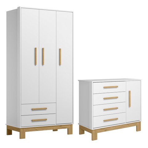 Quarto de Bebê com Roupeiro 4340 e Cômoda 4355 Branco Acetinado Patoti Móveis