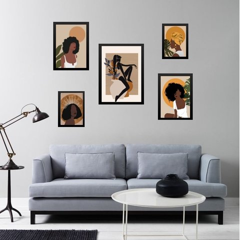 Kit 5 Quadros Mulheres Negras Boho:madeira Preta