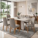 Ver imagem 1 de Conjunto Sala de Jantar 6 Lugares Quadrada Tampo MDF Mesa Astrid com Cadeiras Apogeu Marrom Amêndoa Clean/Off White/Capuccino