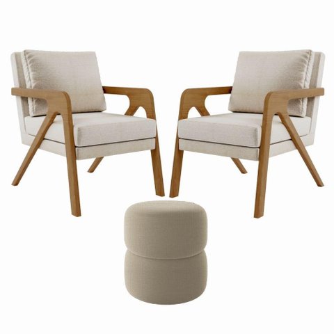 Kit 2 Poltrona Decorativa Puff Sala Moderno Escritório Maia Linho Bege