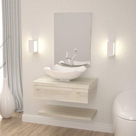 Bancada para Banheiro Cuba Abaulada L42 com Prateleira 605W Metrópole Branco/Snow