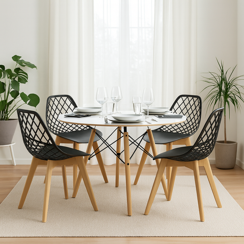 Kit Mesa Redonda Chanfrada Eames 90cm Branca + 4 Cadeiras Kayla Wood Pretas